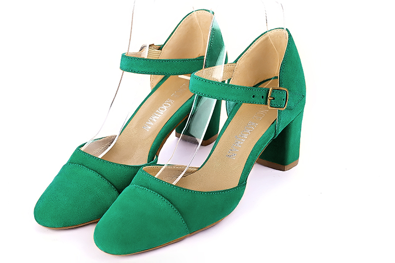 Emerald green women's open side shoes, with an instep strap. Round toe. Medium block heels. Front view - Florence KOOIJMAN